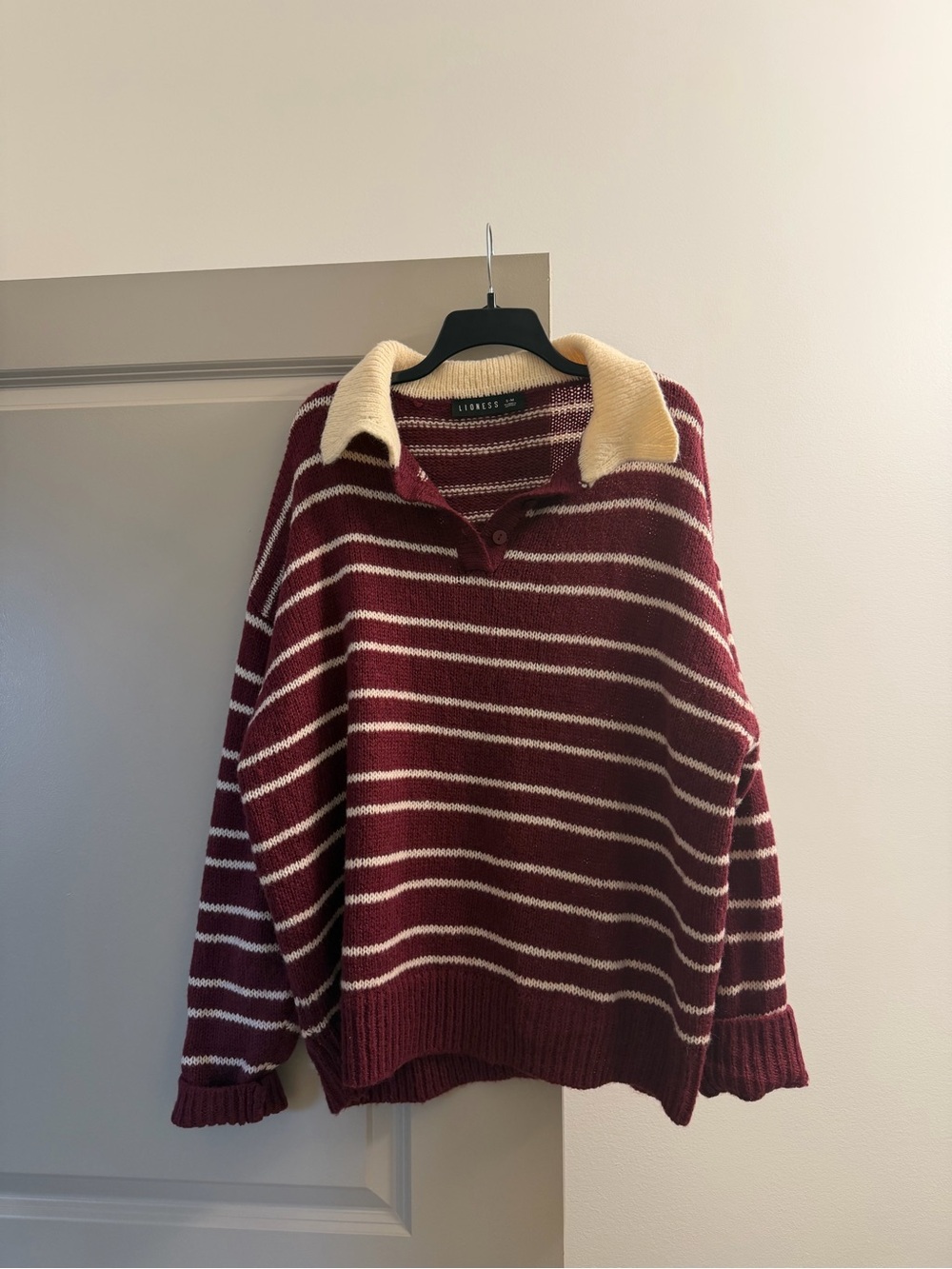 Lioness Burgundy and Cream Striped V-Neck Sweater